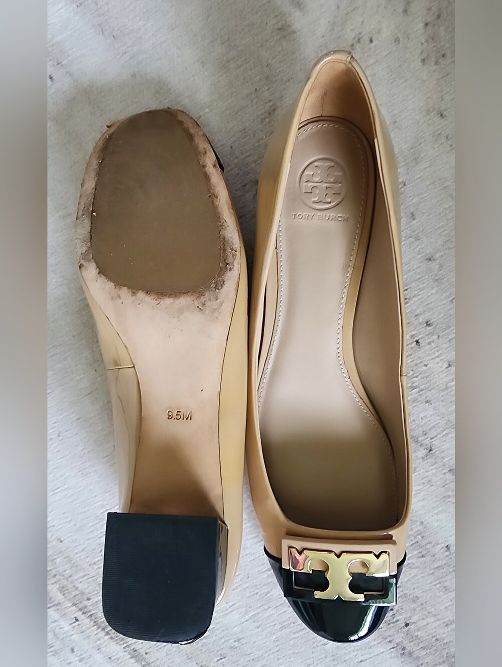 Two-Tone Beige and Black Cap-Toe Ballet Flats with Gold Accent - Picture 14 of 16